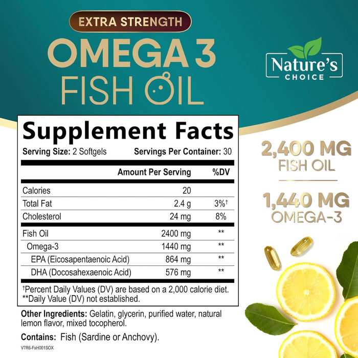 Omega 3 Fish Oil Supplement 2400 mg - Triple Strength EPA & DHA Fish Oil Omega 3, Essential Fatty Acids Supplement Softgels, Brain & Heart Health Support Supplements, Gluten Free Non-GMO, 60 Softgels