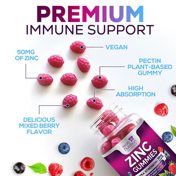 Zinc Supplement 50mg Gummies for Adults - Max Strength Skin Health & Immune Support Gummy, Vegan, Non-GMO & Gluten Free, Nature’s Antioxidant & Bone Health Chewable Tasty Berry Flavor - 60 Gummies