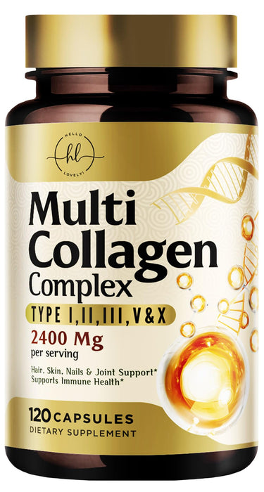 Multi Collagen Peptides for Women – 2400mg Best Hydrolyzed Collagen Complex with 5 Types (I, II, III, V, X) - Grass Fed - Hair, Skin, Nail, Bone & Joint Support for Beauty & Wellness – 120 Capsules