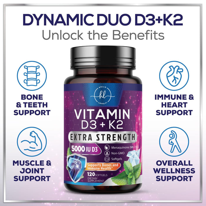 Vitamin D3 K2 - Vitamin D3 (5000 iu) & 100 mcg Vitamin K2 (MK-7) Complex for Immune Support & Bone, Teeth & Muscle Health - Easy to Swallow, Gluten Free, Non-GMO, Bottled in USA - 120 Softgels