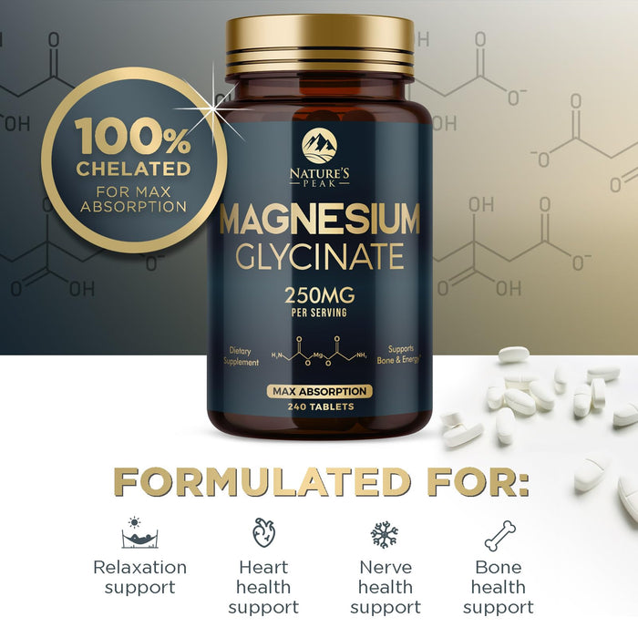 Magnesium Glycinate Chelated for Max Absorption - Supports Bone, Muscle, Nerves & Heart Health, Nature's Sleep and Stress Support, Best Magnesium Supplement Pills for Whole Body Support - 240 Tablets