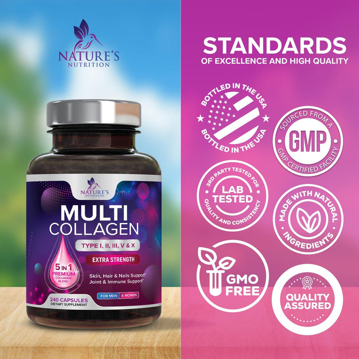 Multi Collagen Peptides Supplement - Hydrolyzed Types I, II, III, V & X Multi Collagen Pills, Hydrolyzed Collagen Peptides Supplements, Hair, Skin, Nail, and Joint Support Supplement, 240 Capsules