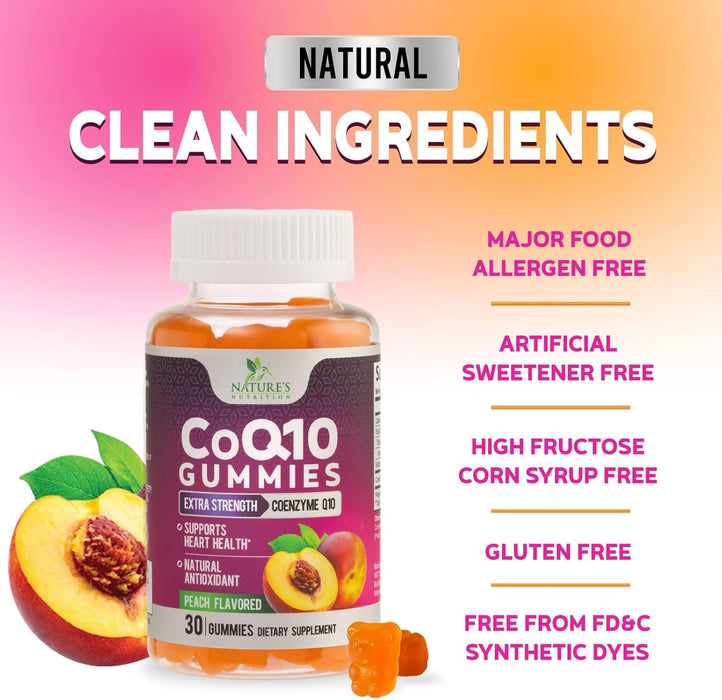 Nature's Nutrition CoQ10 Gummies 100mg – High Absorption Coenzyme Q10 Supplement for Heart Health, Energy & Antioxidant Support – Peach Flavor Gummy, Vegan, Non-GMO, Gluten Free – 30 Count