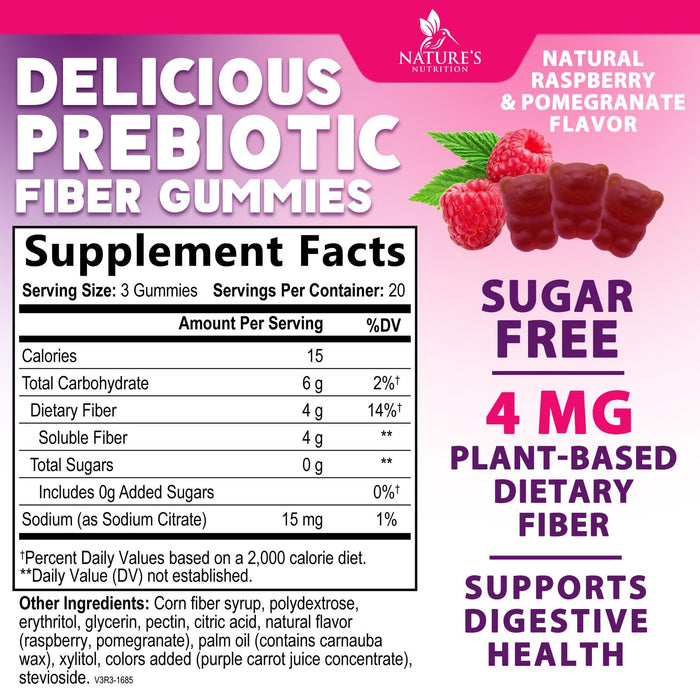 Prebiotic Fiber Gummies - Sugar Free 4g Gummy Fiber Supplement for Adults Digestive Health & Regularity Support - Natural Raspberry Flavor, Plant Based Blend, Non-GMO & Gluten Free - 60 Gummies