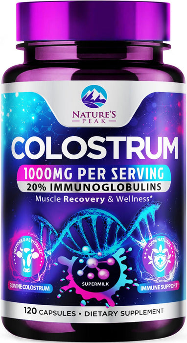Colostrum Supplement 1000mg 20% Immunoglobulins for Gut Health, Immune Support, Muscle, Skin & Hair Growth, Bovine Colostrum Powder, Nature's Colostrum for Women & Men, Bottled in USA - 120 Capsules