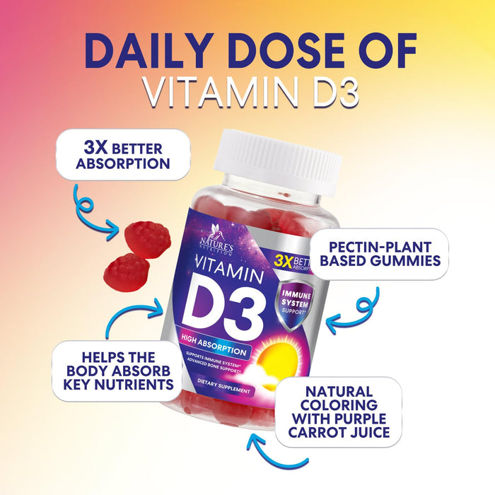 Vitamin D3 Supplement Gummy 5000 IU (125 mcg) Dietary Vitamins D for Men & Women - Bone, Teeth, Muscle & Immune Health Support, High Potency VIT D3 Nature's Non-GMO & Gluten Free - 120 Gummies