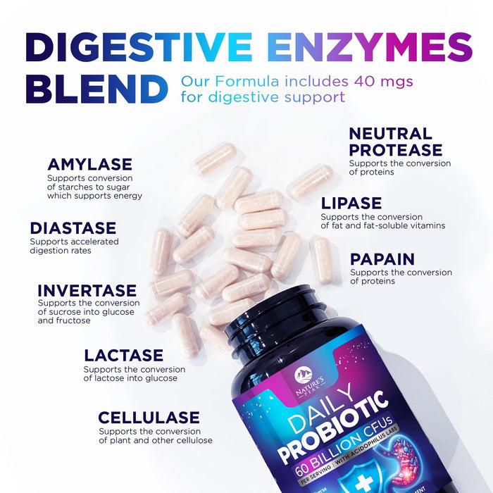 Probiotics 60 Billion CFU - 10 Strains + Digestive Enzymes & Prebiotics - Best Probiotic for Women & Men, Supports Immune, Gut Health, Occasional Constipation, Diarrhea, Gas & Bloating - 60 Capsules