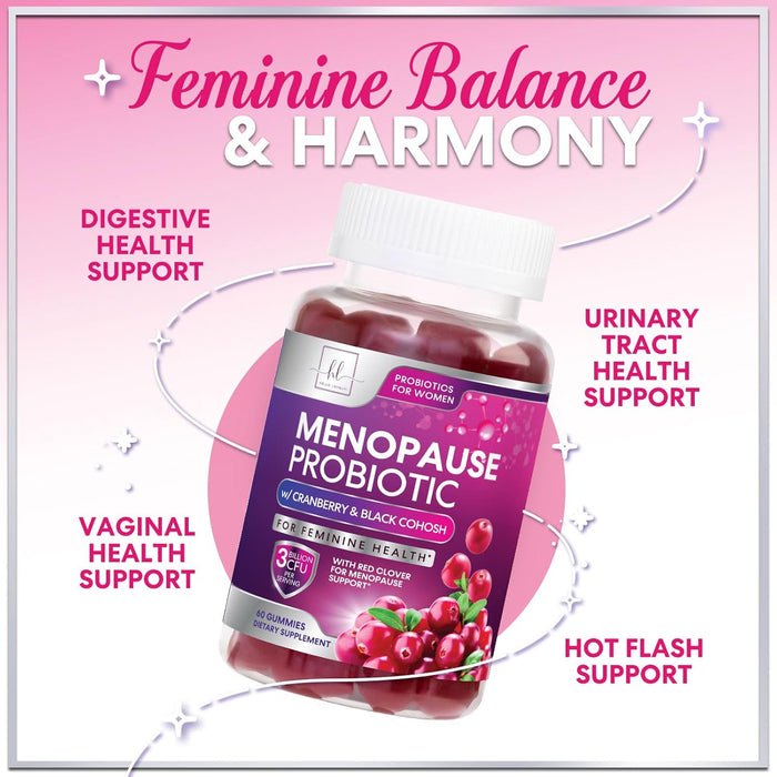 Menopause Supplements for Women Gummies with Black Cohosh, Cranberry 3 Billion CFU Probiotics - Complete Menopause Balance Relief for Hot Flashes, Night Sweats, PH, Vaginal Health Support - 60 Gummies