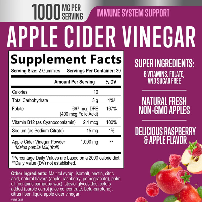 Apple Cider Vinegar Gummies Sugar Free 1000mg for Cleanse – 60 Gummies