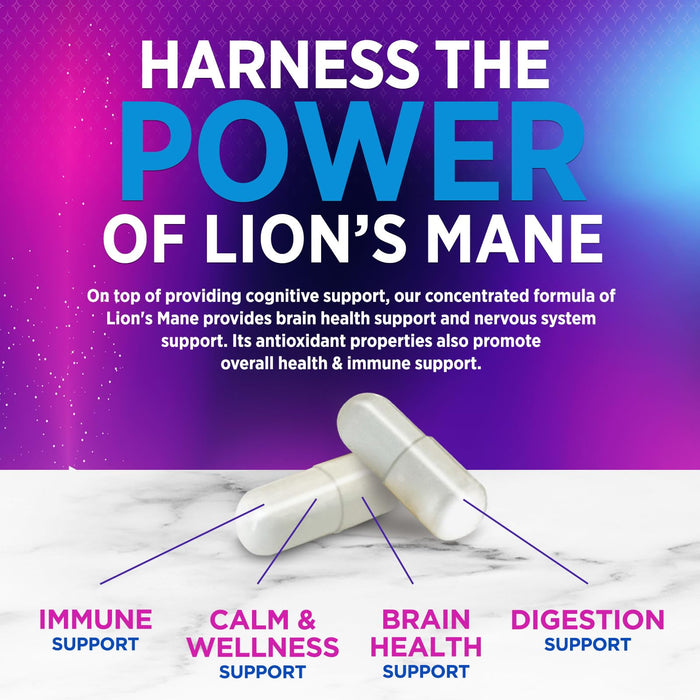 Lions Mane Mushroom Supplement - Brain Health Support for Focus, Memory, Cognition & Immune Support - Nature's Nootropic Lion's Mane Mushroom Extract Non-GMO, Vegetarian & Gluten Free - 120 Capsules