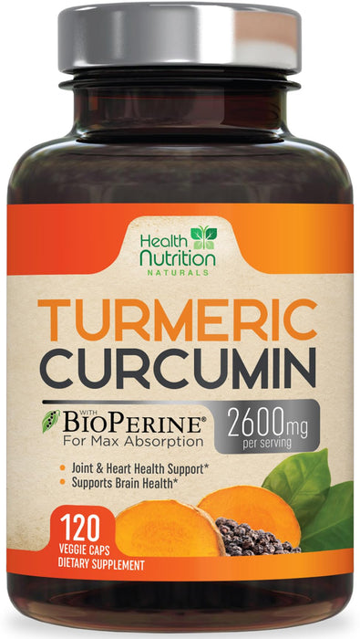 Turmeric Curcumin Supplement 2600mg - 95% Curcuminoids with Organic Turmeric & BioPerine Black Pepper for Best Absorption, Nature's Vegan Joint Support, Non-GMO Tumeric, Bottled in USA - 120 Capsules