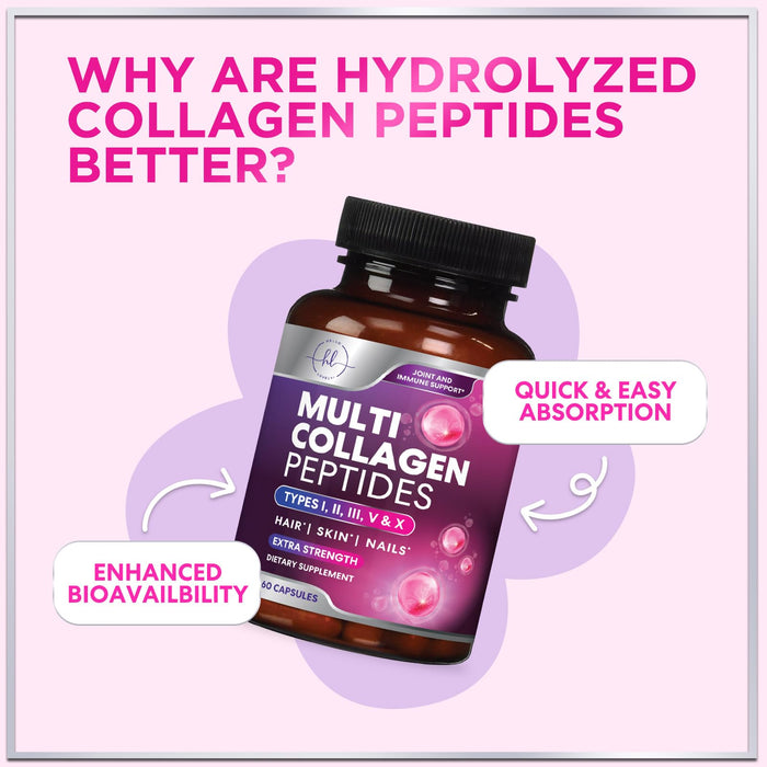 Multi Collagen Peptides Supplement - Hydrolyzed Types I, II, III, V & X Multi Collagen Pills, Hydrolyzed Collagen Peptides Supplements, Hair, Skin, Nail, and Joint Support Supplement, 60 Capsules