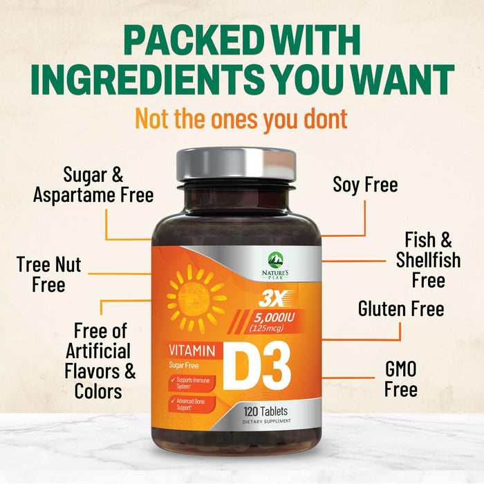 Vitamin D3 5000iu (125 mcg) Immune Health Support - High Potency Vitamin D Dietary Supplement for Bone, Teeth, Muscle - Nature's VIT D, Vegan, Gluten Free, Raspberry Flavor - 120 Chewable Tablets