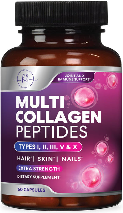 Multi Collagen Peptides Supplement - Hydrolyzed Types I, II, III, V & X Multi Collagen Pills, Hydrolyzed Collagen Peptides Supplements, Hair, Skin, Nail, and Joint Support Supplement, 60 Capsules