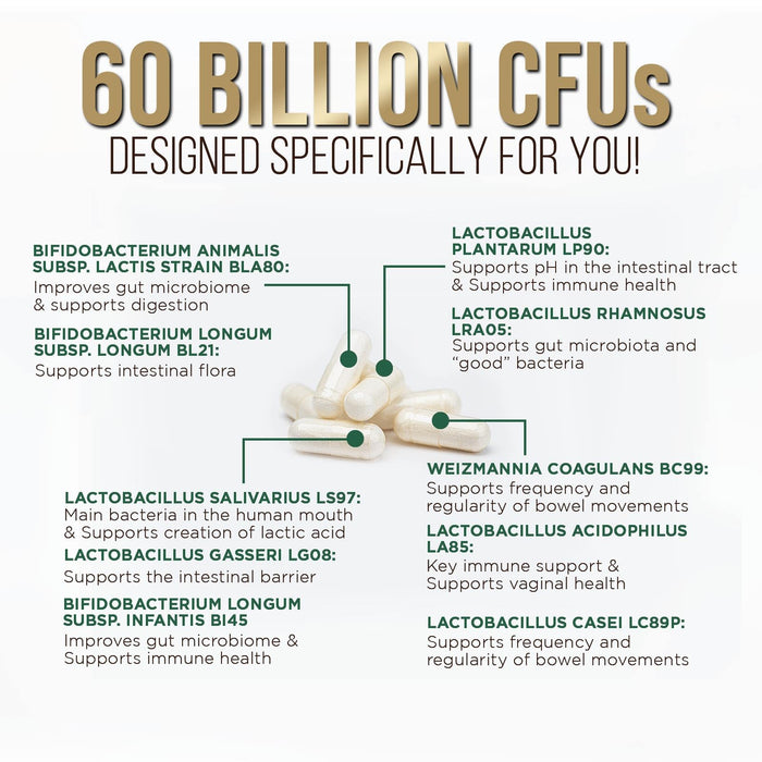 Probiotics 60 Billion CFU + 10 Strains - Daily Probiotic Lactobacillus Blend for Immune, Digestive & Gut Health Support, Prebiotics and Probiotics, Gas & Bloating for Women & Men - 120 Capsules