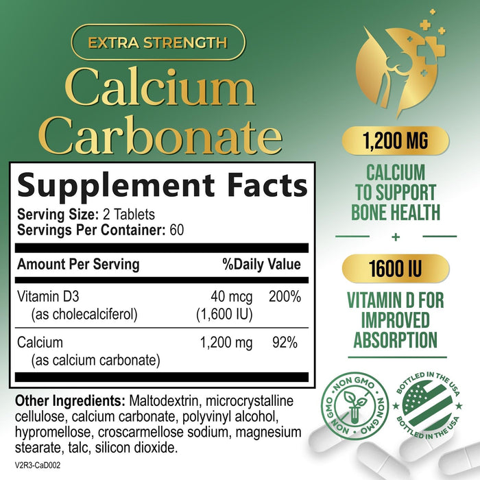 Calcium 1200 mg with Vitamin D3 (1600 IU), Calcium Supplement Vitamins, Bone, Teeth & Immune Health Support, Calcium Supplements with D for Women & Men, Nature's Absorbable Carbonate - 120 Tablets