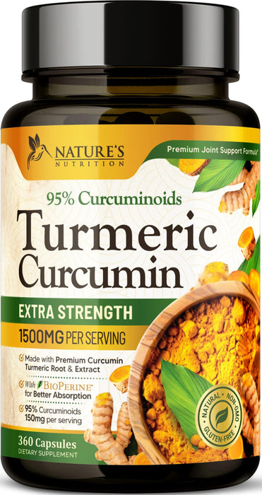 Turmeric Curcumin Supplement 1500mg - Organic Tumeric & BioPerine Black Pepper for Best Absorption with 95% Curcuminoids, Nature's Joint & Immune Support, Non-GMO, Bottled in USA - 360 Capsules