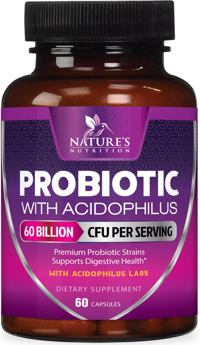 Probiotics 60 Billion CFU per Serving - 10 Strains + Prebiotics - Digestive Health, Gut & Immune Support - Supports Occasional Constipation, Gas & Bloating for Women & Men Shelf Stable - 60 Capsules