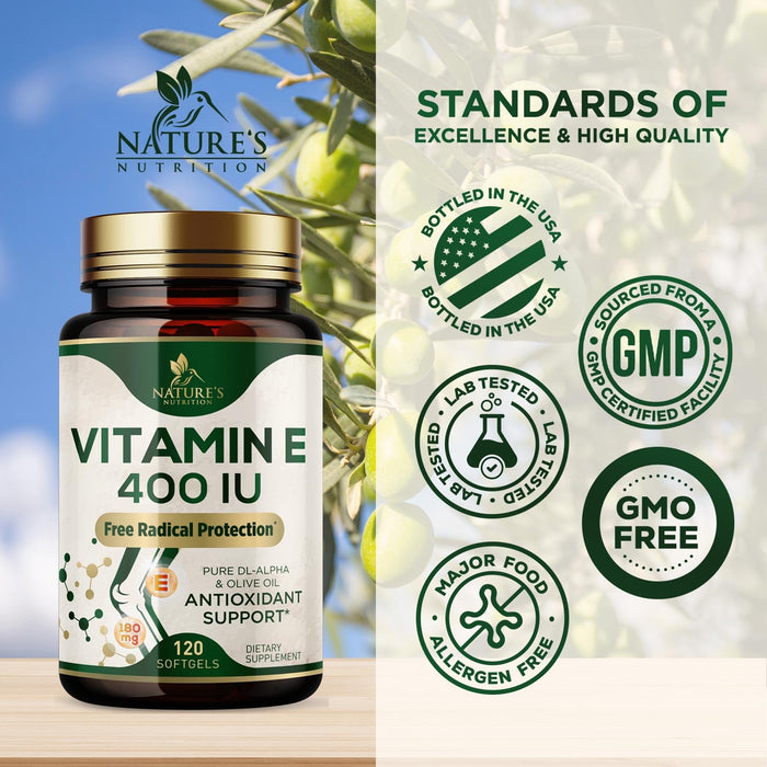 Vitamin E 400 IU Softgels (180mg DL-Alpha) for Women & Men, Supplement for Max Absorption, Nature's Antioxidant for Skin, Heart, Eye, and Immune Health Support, Dairy, Gluten & Soy Free, 120 Softgels