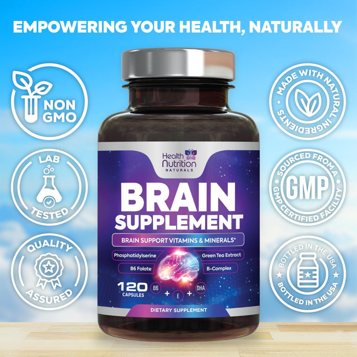 Brain Supplements for Memory and Focus - Extra Strength Nootropic Capsules for Concentration, Alertness, Cognitive Support - Phosphatidylserine, Brain Health Vitamins B6 C E Zinc - 120 Capsules