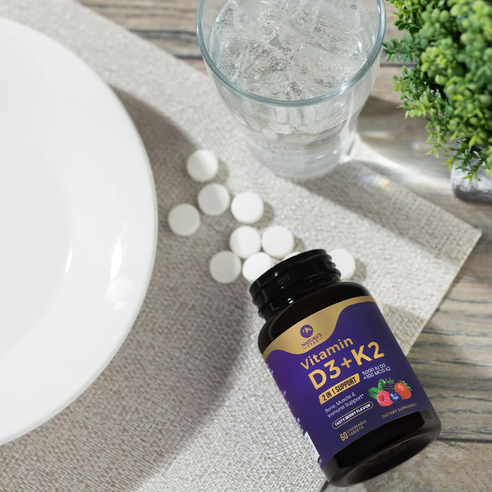 Vitamin D3 K2 - 5000 iu Vitamin D3 & 100 mcg Vitamin K2 (MK-7) Complex for Immune Support - Bone, Teeth & Muscle Health Support - Berry Chewable, Gluten Free, Non-GMO, Made in USA - 60 Tablets