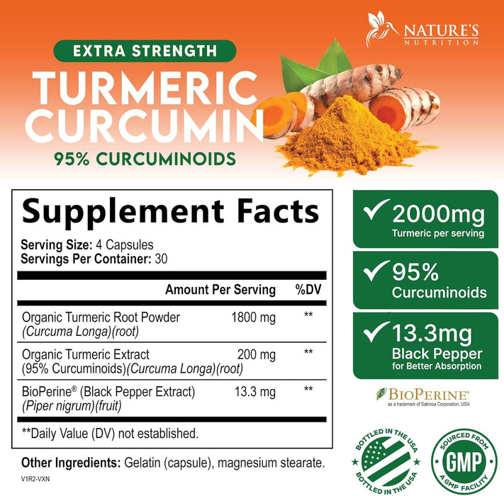 Turmeric Curcumin Supplement 2000mg - Nature's Joint & Immune Support, Organic Tumeric & BioPerine Black Pepper for Best Absorption with 95% Curcuminoids, Non-GMO, Bottled USA - 120 Count