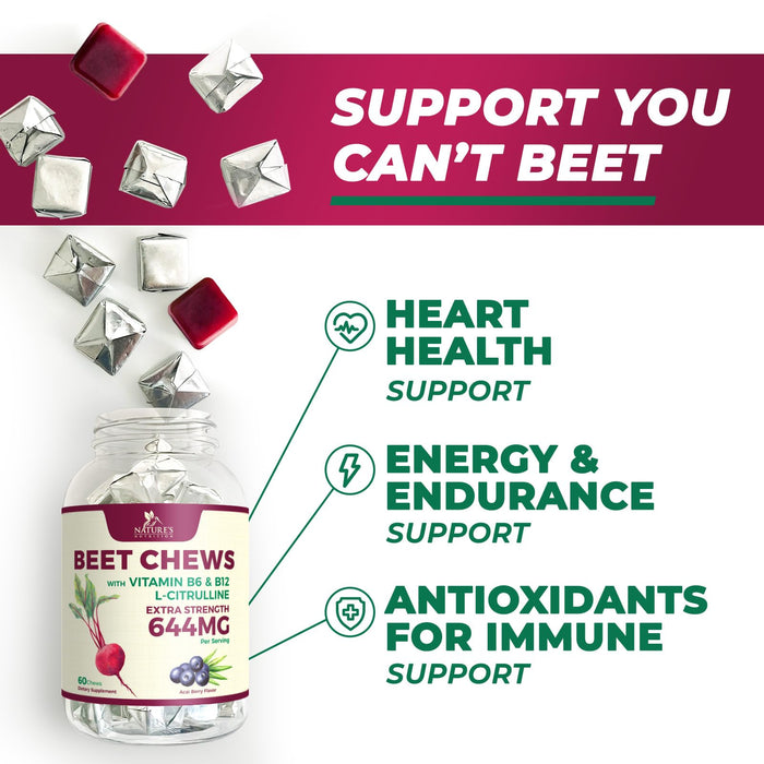 Heart Chews - Nitric Oxide & Energy Support with Beet Root Extract & Grape Seed Extract - Natural Non-GMO Beetroot Powder Antioxidant Soft Berry Flavor Chewable Supplement for Women & Men - 60 Count