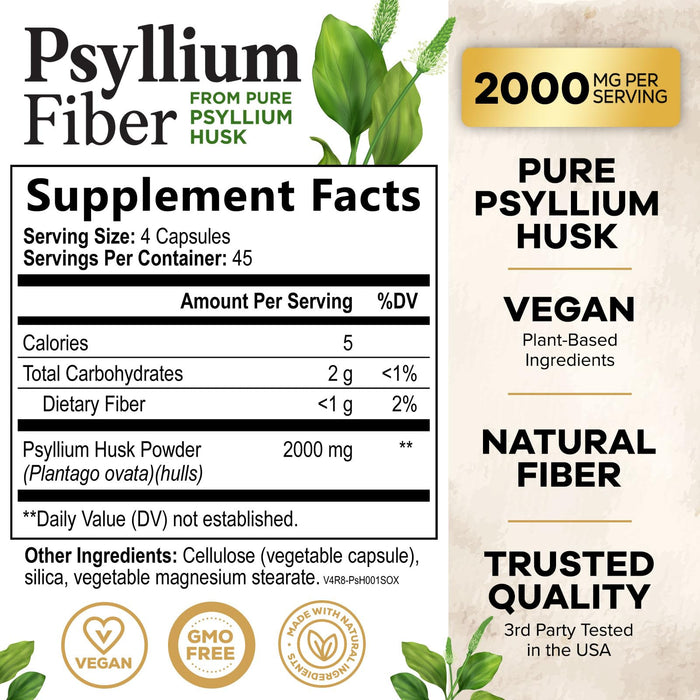 Psyllium Husk Fiber Supplement 1500mg, Natural Daily Soluble & Insoluble Fiber Pills, Psyllium Husk Powder Capsules Supports Digestion Colon Health & Regularity, Plant Based Supplement - 180 Capsules