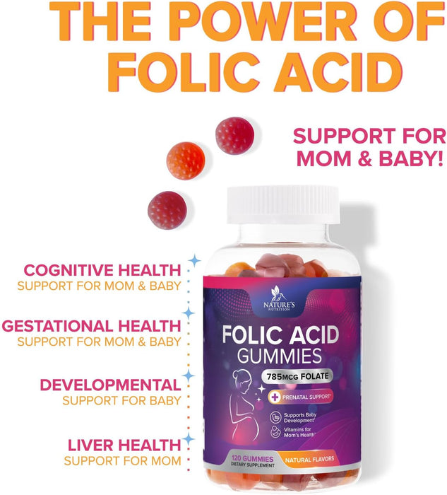 Folic Acid Gummies for Women 785 mcg, Essential Prenatal Vitamins for Mom & Baby, Vegan Folic Supplement Gummy, Daily Vitamin B9 Extra Strength Folate, Before During After Pregnancy - 120 Gummies