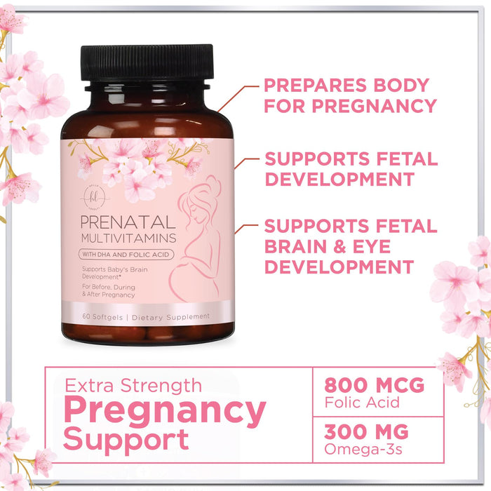 Prenatal Vitamins For Women With Folic Acid, DHA & Iron - Women's Prenatal Multivitamin, Essential Pre Natal Vitamins with Folate, Omega 3, D3, B12, Pregnancy Supplement for Mom & Baby - 60 Softgels