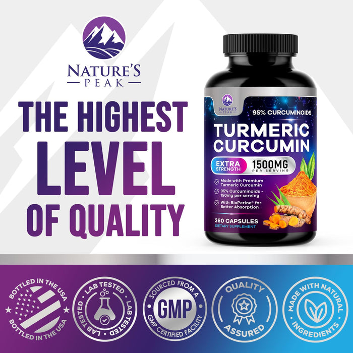 Turmeric Curcumin Supplement with BioPerine 95% Curcuminoids 1500mg with Black Pepper for Best Absorption - Best Natural Vegan Joint Support - Bottled in USA, Non-GMO, Organic Tumeric - 360 Capsules