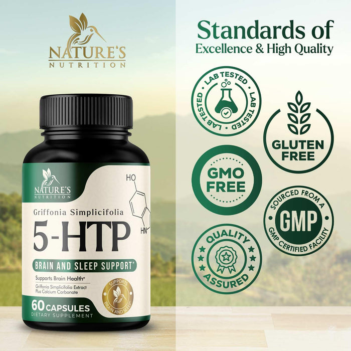 5 HTP 200mg Capsules Vegetarian Supplement - 5HTP Plus Calcium for Brain Support - Extra Strength Griffonia Simplicifolia 5-HTP Formula - 5 Hydroxytryptophan - Gluten Free & Non-GMO - 60 Capsules