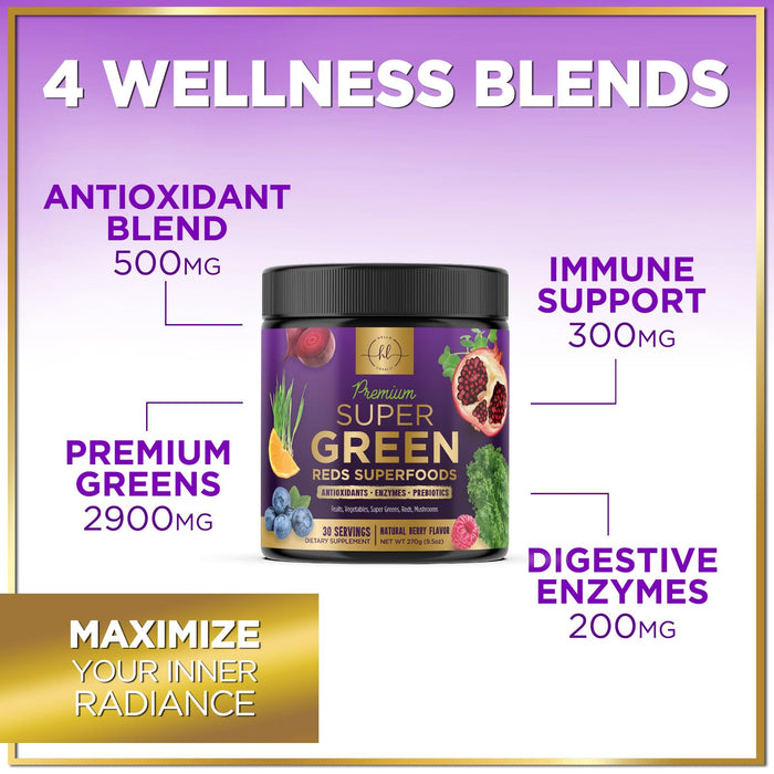Super Green Powder Superfood - Spirulina, Chlorella & Digestive Enzymes, Red & Greens Powder, 20+ Amazing Superfoods Support Energy & Digestion, Antioxidant Green Blend, Vegan & Non-GMO - 30 Servings