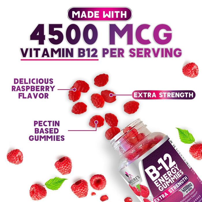B-12 Vitamin Energy Gummies - 4500mcg Extra Strength B12 Gummy Chewables for Energy Metabolism & Immune Support - Dietary Supplement for Women, Men, & Kids - Non-GMO, Vegan, Berry Flavor - 60 Count