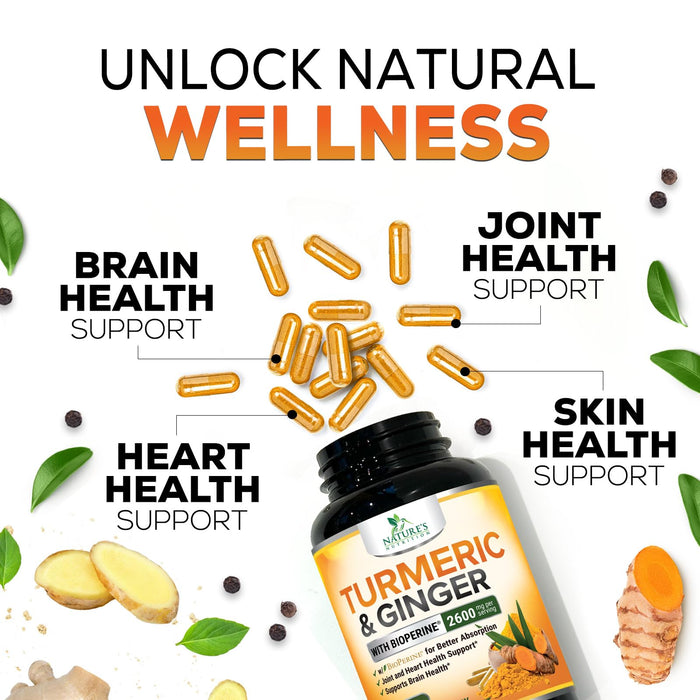 Turmeric Curcumin Supplement 2600mg with Organic Ginger & Turmeric, BioPerine Black Pepper Extract 95% Curcuminoids - Advanced Absorption Joint & Antioxidant Extra Strength Support - 60 Capsules