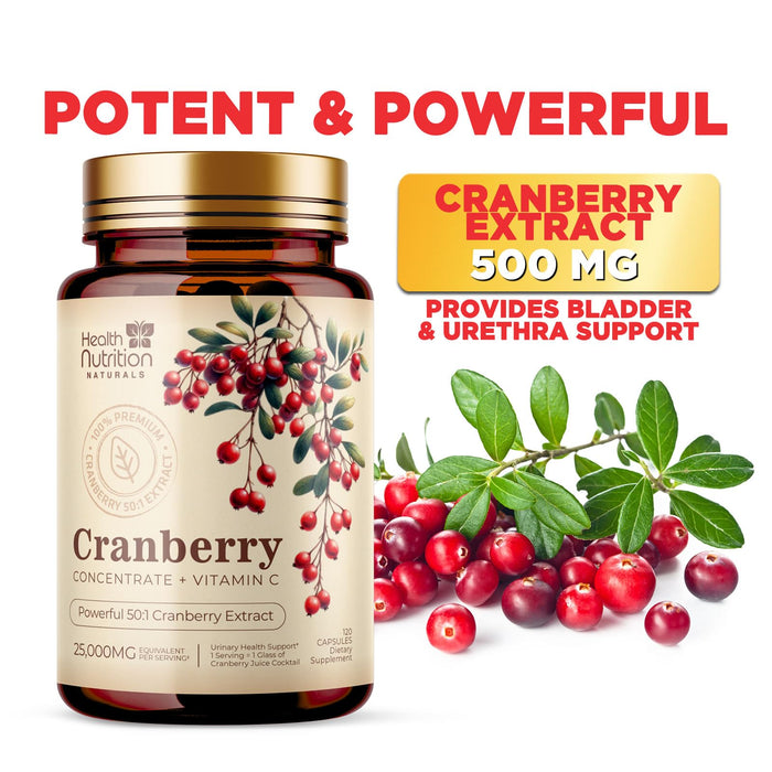 Cranberry Supplement Pills 25,000mg - High Potency Vitamin C Cranberry for Women & Men, Urinary Tract Health Support, Sugar Free, Gluten Free, Non-GMO, Cranberry Concentrate Extract - 120 Capsules