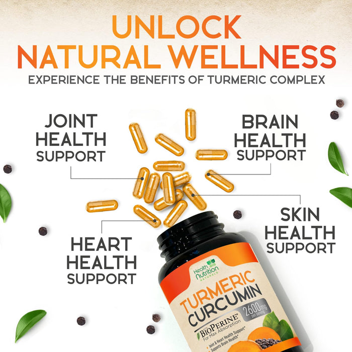 Turmeric Curcumin Supplement 2600mg - 95% Curcuminoids with Organic Turmeric & BioPerine Black Pepper for Best Absorption, Nature's Vegan Joint Support, Non-GMO Tumeric, Bottled in USA - 180 Capsules