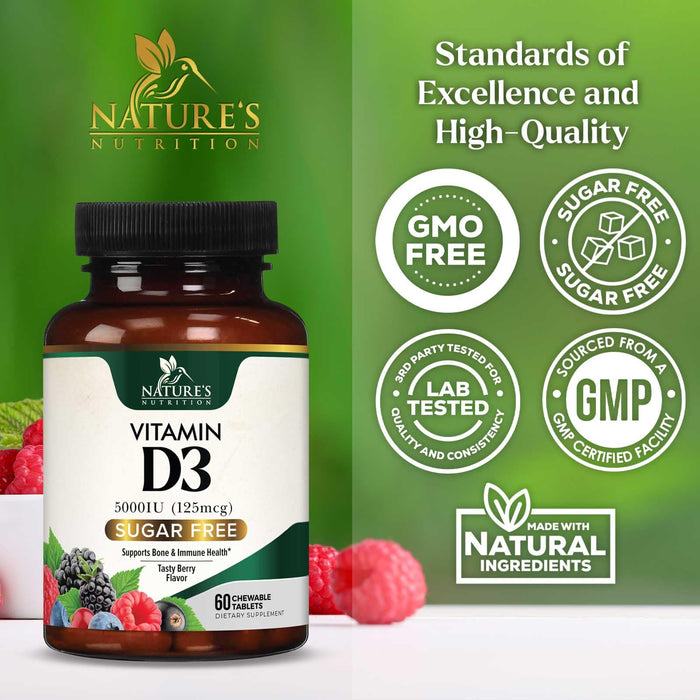 Vitamin D3 5000 IU (125 mcg) Nature's Extra Strength Vitamin D Supplement Chewable for Immune Support Health - Bone, Teeth and Muscle Supplements - Sugar Free, Non-GMO, Gluten Free - 60 Count Tablets