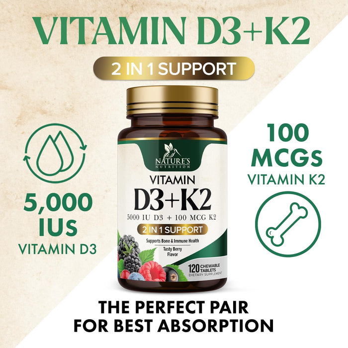 Vitamin D3 K2 Supplement | 5000 IU D3 + K2 100 mcg | MK-7 K2 with Vitamin D | Supports Immune, Heart, Teeth & Bone Health - Nature's Easy to Chew, VIT D3 K2, Non-GMO, Tasty Berry Flavor - 120 Tablets