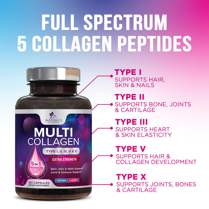 Multi Collagen Peptides Supplement - Hydrolyzed Types I, II, III, V & X Multi Collagen Pills, Hydrolyzed Collagen Peptides Supplements, Hair, Skin, Nail, and Joint Support Supplement, 180 Capsules