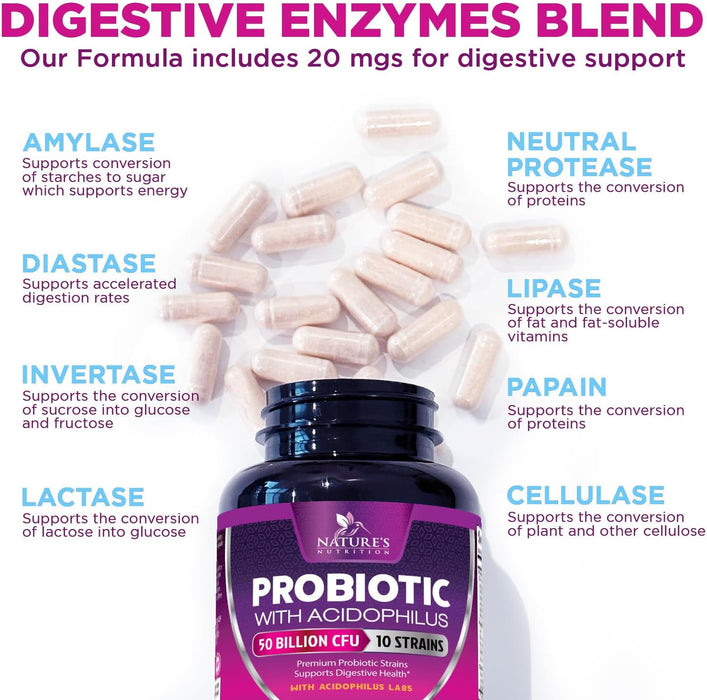 Probiotics 60 Billion CFU per Serving - 10 Strains + Prebiotics - Digestive Health, Gut & Immune Support - Supports Occasional Constipation, Gas & Bloating for Women & Men Shelf Stable - 60 Capsules