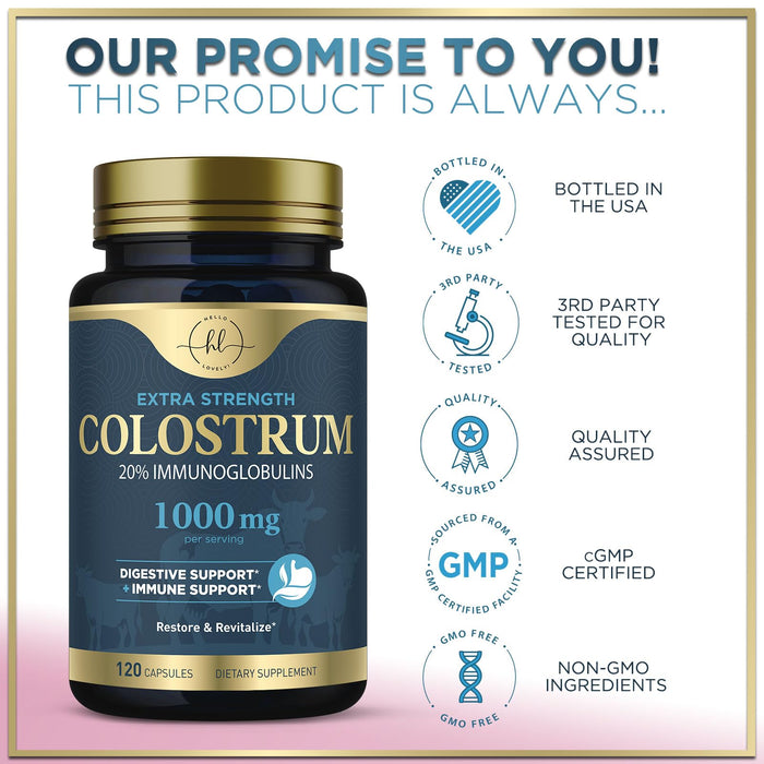 Colostrum 1000mg 20% IgG Immunoglobulins - Gut Health, Digestion & Immune Support, Bovine Colostrum Powder for Women, Muscle, Skin & Hair Growth Support, Bottled in the USA, Gluten Free - 120 Capsules