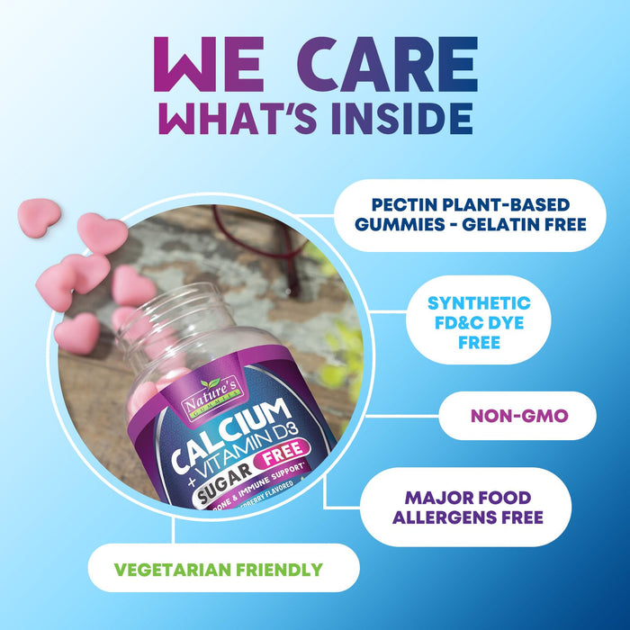 Sugar Free Chewable Calcium Gummy Vitamins - Plus 400 IU Vitamin D3 for Bone, Teeth, & Immune Health Support - Calcium Supplements for Women & Men Daily, Non-GMO, Berry Flavored - 60 Gummies