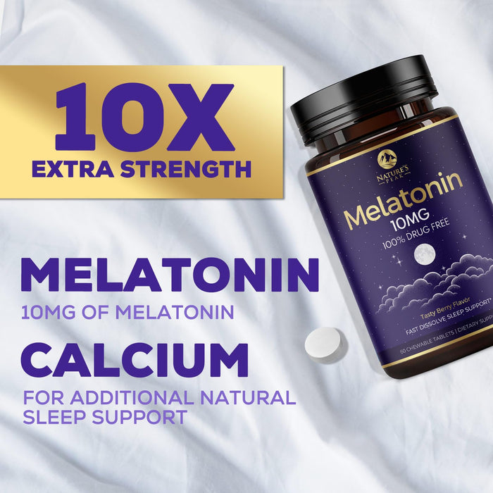 Melatonin 10mg - Sleep Support Supplements for Adults - Extra Strength Fast Dissolve 10 mg Melatonin Tablets for Restful Sleep Support, Natural Strawberry Flavor, Sugar-Free Non-GMO - 60 Day Supply