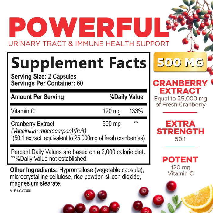 Cranberry Supplement Pills 25,000mg - High Potency Vitamin C Cranberry for Women & Men, Urinary Tract Health Support, Sugar Free, Gluten Free, Non-GMO, Cranberry Concentrate Extract - 120 Capsules