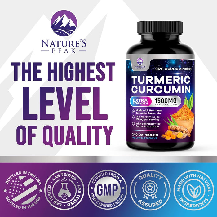 Turmeric Curcumin Supplement with BioPerine 95% Curcuminoids 1500mg with Black Pepper for Best Absorption - Best Natural Vegan Joint Support - Bottled in USA, Non-GMO, Organic Tumeric - 240 Capsules
