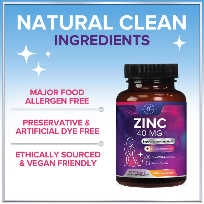 Zinc Supplements for Women and Men - 40mg Supplement for Immune Support, Skin Health Support, & Antioxidant Supplement for Adults, High Potency Zinc Gluconate 40 mg, Non-GMO - 60 Tablets
