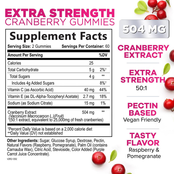 Cranberry Gummies 50:1 Cranberry Extract - Urinary Tract Support Made with 25,000mg, Helps Cleanse & Protect, Cran Berry Gummy Supplement + Vitamin C, Chewable Cran Pills for Women - 120 Gummies
