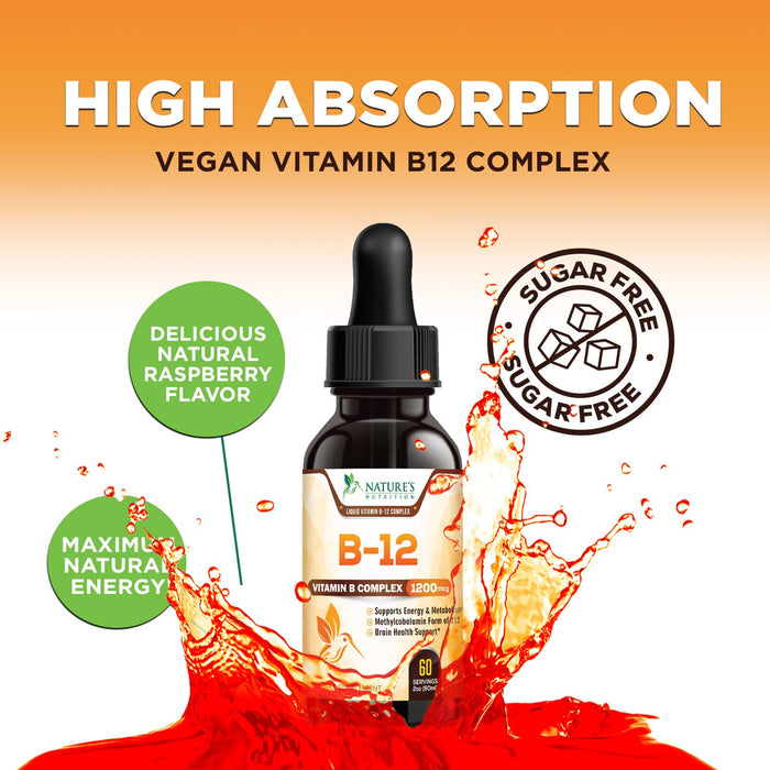 Vegan B-12 Vitamin Supplement Drops (Methylcobalamin) Extra Strength Super B Complex - Sublingual B12 Liquid for Immune Support, Heart Health & Cellular Energy Support, Raspberry Flavored - 2 Fl Oz