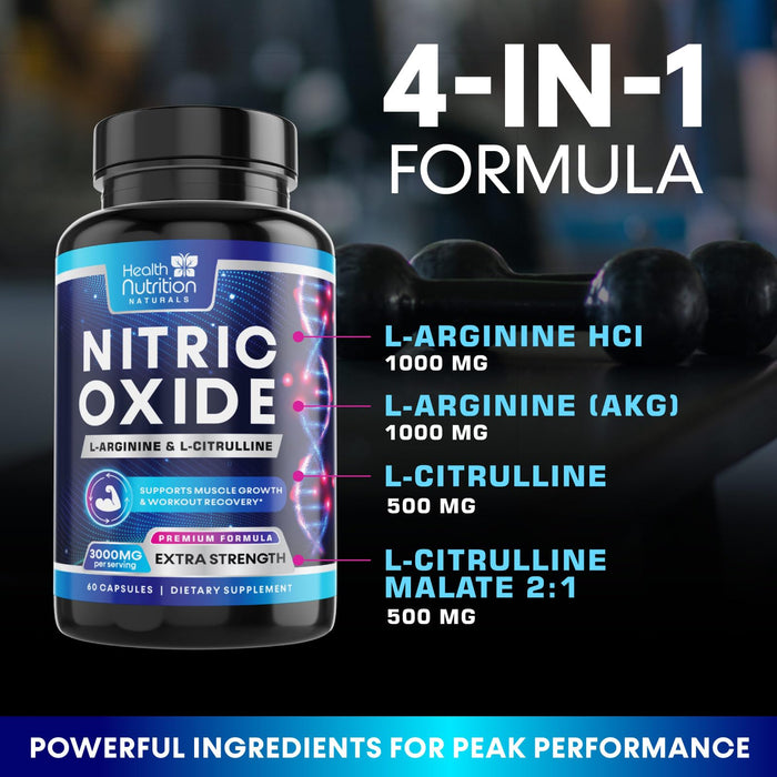 Extra Strength Nitric Oxide Supplement 3X Strength L Arginine, Citrulline Malate, AAKG, Beta Alanine - Premium Muscle Supporting Nitric Booster - Natural Energy & Heart Health Support - 60 Capsules